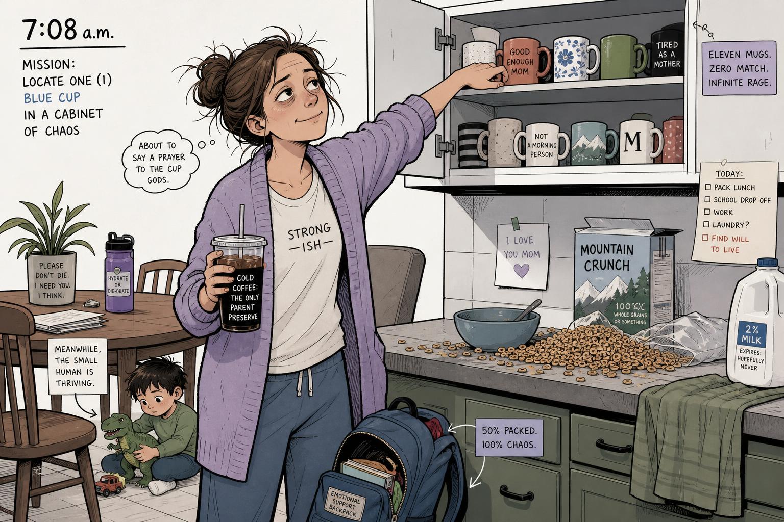 Graphic-novel panel of a 7:08 a.m. kitchen: a tired parent in a lavender cardigan reaches into a cupboard crammed with mismatched mugs while holding a cold coffee, cereal spilled across the counter, a half-packed backpack on the floor, and a small child under the table playing with a green dinosaur.